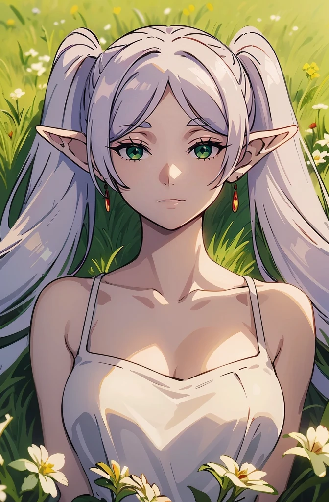 (masterpiece), (best quality), (extremely detailed and delicate), 1girl, nice eyes, perfect face, sharp focus, (windy), solo, elf, white hair, grey hair, earrings, red earrings, pointy ears, long hair, ponytail, green eyes, looking at viewer, (twintails:1.4), dress, sleeveless, dress, white dress, short dress, breasts, medium breasts, collarbone, bare shoulders, lying, on back, smile, nature, grass, trees, flowers,
