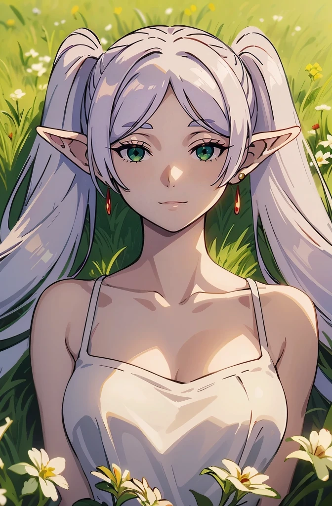 (masterpiece), (best quality), (extremely detailed and delicate), 1girl, nice eyes, perfect face, sharp focus, (windy), solo, elf, white hair, grey hair, earrings, red earrings, pointy ears, long hair, ponytail, green eyes, looking at viewer, (twintails:1.4), dress, sleeveless, dress, white dress, short dress, breasts, medium breasts, collarbone, bare shoulders, lying, on back, smile, nature, grass, trees, flowers,
