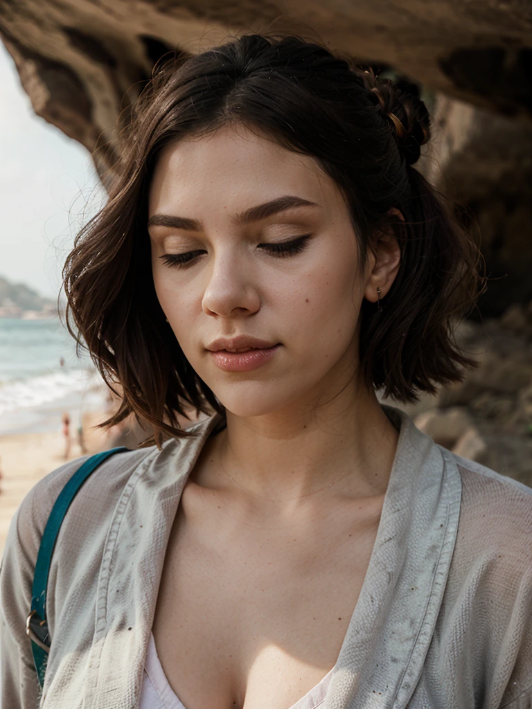 close-up photo of woman, eyes closed, normal body type, (facing viewer: 1.3) BREAK taupe rayon uniform BREAK (hair in pastel bun: 1.2) BREAK beach cave in background:1.1, afternoon , foggy weather:1.1, in the background a rock statue of a giant woman