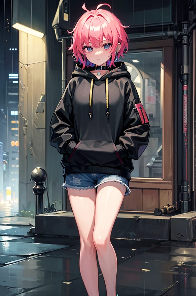 8k resolution、((High quality))、((masterpiece))、((Ultra Detailed))、1 female、Solitary、Ridiculous、Oversized Hoodie、earphone、street、district、rain、Neon、short hair、bright color eyes、Hands in pockets、shorts、Dripping