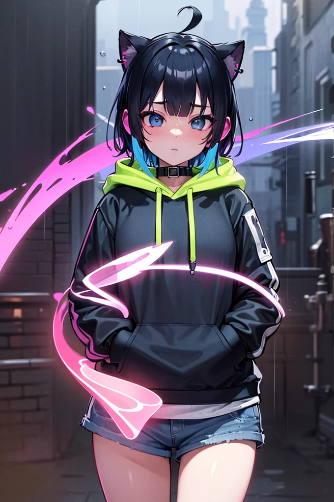 8k resolution、((High quality))、((masterpiece))、((Ultra Detailed))、1 female、Solitary、Ridiculous、Oversized Hoodie、earphone、street、district、rain、Neon、short hair、bright color eyes、Hands in pockets、shorts、Dripping