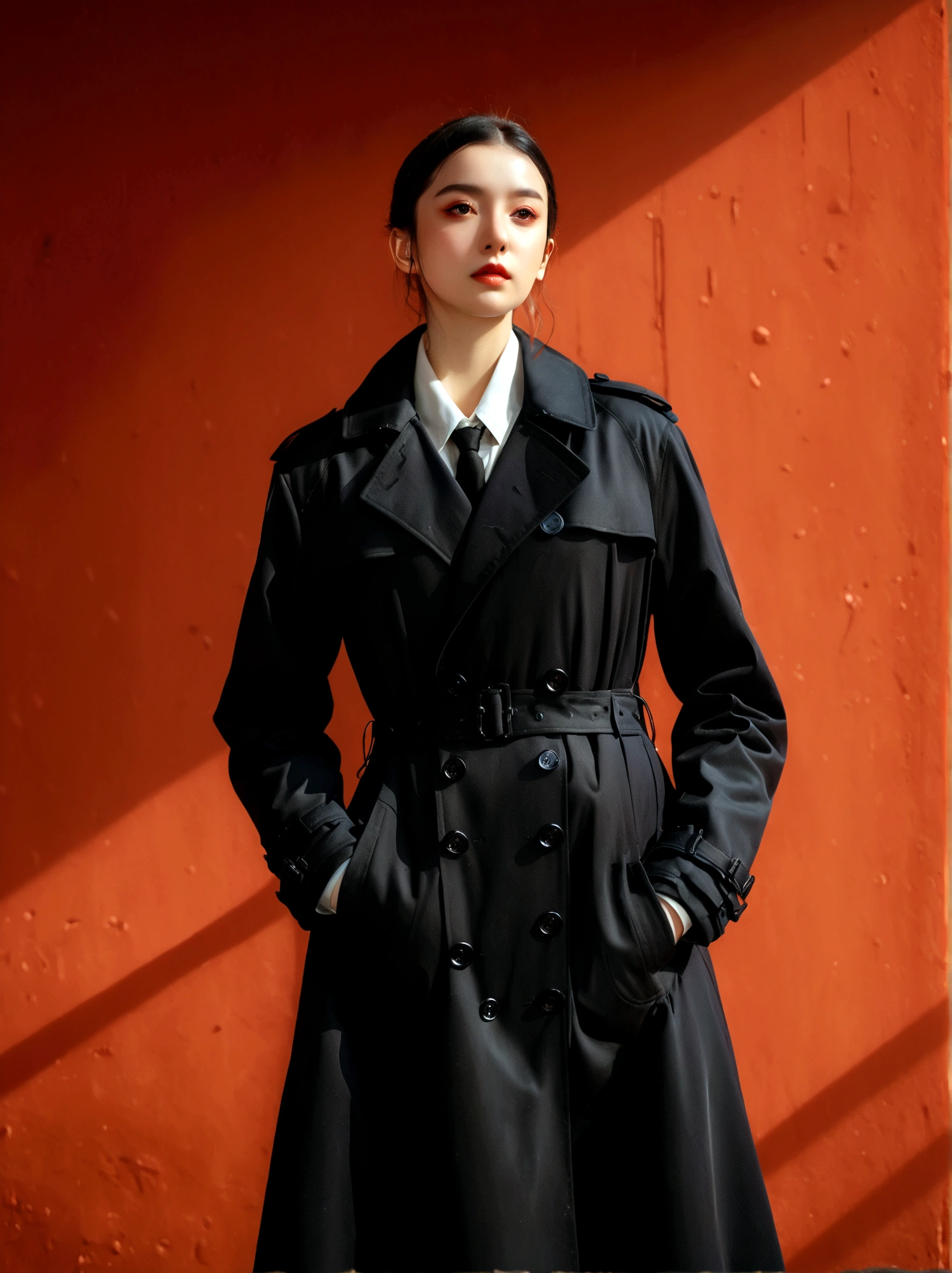 (Best quality, masterpiece:1.4), (realism:1.2), (realism:1.2), (Absurdity:1.2), (Photo Realism:1.3), Realistic skin, solo, 1girl, solo, Red background, whole body, Standing, (Black trench coat suit:1.5), Best quality, masterpiece, high resolution, Official Art,