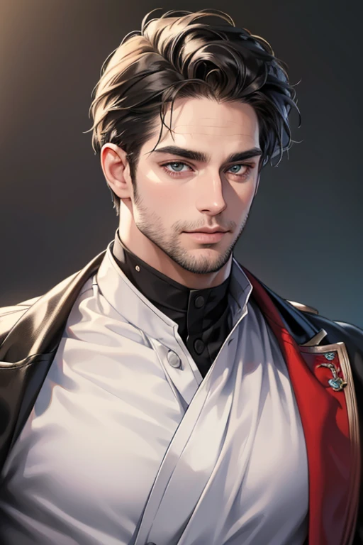 (best quality,4k,8k,highres,masterpiece:1.2),ultra-detailed,(realistic,photorealistic,photo-realistic:1.37),30 year old man,3 day beard,handsome anime,portraits,strong,masculine,dark hair,sharp jawline,mesmerizing eyes,perfectly styled hair,cool anime outfit,confident expression,vibrant colors,dynamic lighting, CEO and expression smile in love.