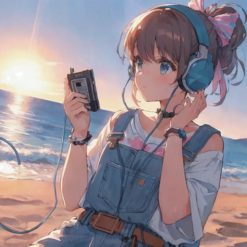 Anime girl listening to music on an old portable audio device by the water, A puzzled look,headphone,Anime atmosphere, Anime Style 4k, 80年代のAnime atmosphere, Sandy Beach,Lo-fi Girl, Nightcore, 4K Manga Wallpapers, A mix of anime style and Fujifilm, Anime Aesthetics, anime wallpaper 4k, anime wallpaper 4k, Lo-fi art style, 4k anime wallpaper, Ultra HD Anime Wallpaper