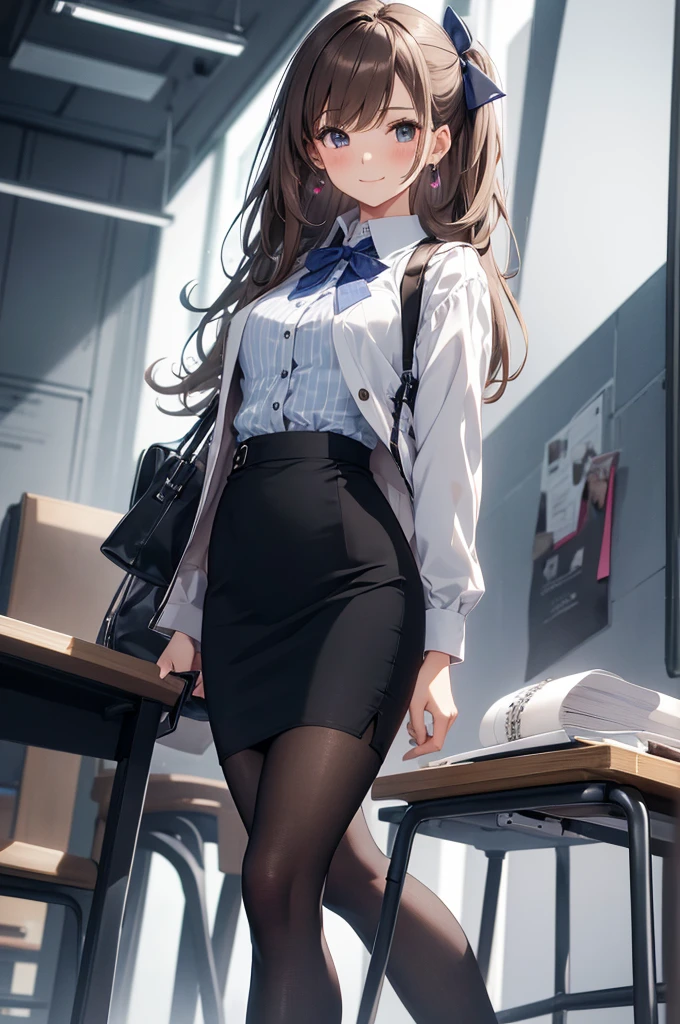 1 girl, pantyshot, long brown hair, office lady, Wearing a pink plaid vest, White short sleeved shirt, Gray pencil skirt, Wear stiletto heels, Necklace, earrings, Too big, Cute face, Smile, Blushing, Shyness, Glass wall, Ultra Detail, Realistic, Front view, Whole body,  (wearing in [[white and gray check pattern]] Vest worn over white collared long-sleeved shirt:1.4), (gray vest with buttons:1.2), (Pink Theme:1.2), (blue ribbon ribbon:1.3), (Black theme:1.4), (Tight black pencil skirt:1.5), (Brown pantyhose), (high-heels:1.1),office desk, office chair,Lulubre Unity 8K Wallpaper, Beautiful background, clearly, Best Quality, The highest resolution, Best aesthetic,extremely detailed CG unity 8k,