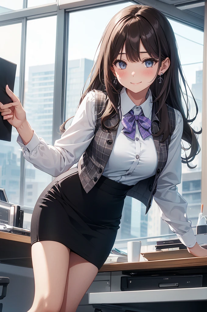 1 girl, pantyshot, long brown hair, office lady, Wearing a pink plaid vest, White short sleeved shirt, Gray pencil skirt, Wear stiletto heels, Necklace, earrings, Too big, Cute face, Smile, Blushing, Shyness, Glass wall, Ultra Detail, Realistic, Front view, Whole body,  (wearing in [[white and gray check pattern]] Vest worn over white collared long-sleeved shirt:1.4), (gray vest with buttons:1.2), (Pink Theme:1.2), (blue ribbon ribbon:1.3), (Black theme:1.4), (Tight black pencil skirt:1.5), (Brown pantyhose), (high-heels:1.1),office desk, office chair,Lulubre Unity 8K Wallpaper, Beautiful background, clearly, Best Quality, The highest resolution, Best aesthetic,extremely detailed CG unity 8k,