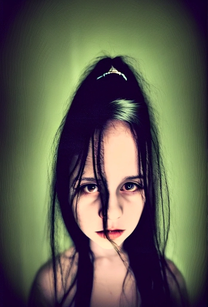 a scary girl in a haunted house, dark gloomy atmosphere, dramatic lighting, detailed facial features, piercing eyes, pale skin, long dark hair, tattered dress, ghostly apparitions, abandoned old mansion, cobwebs, moonlight, ominous clouds, best quality, 8k, highres, masterpiece, ultra-detailed, realistic, photo-realistic, dark fantasy, horror, moody colors, dramatic lighting