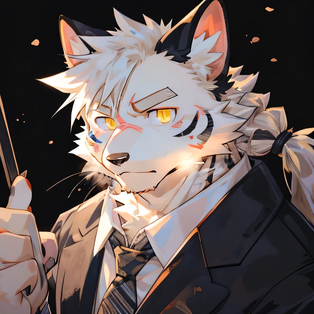 masterpiece，high quality，perfect ???????，furry，anthro cat，white fur，male， niji5，yellow pupils，bright eyes，exhausted，tie braid，scar on the face，detailed face，by kiyosan，close up face