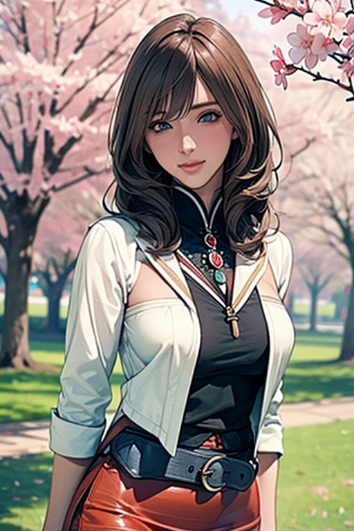 ((masterpiece, Best Quality, hight resolution, nfsw, Perfect Pixel, depth of fields, 4K,nfsw, nfsw))), 1girl in, Single, Solo, fantasy, Beautiful anime girl, Beautiful Art Style, Anime Character, ((Long hair, Bangs, Brown hair)), ((Green eyes:1.4, rounded eyes, Beautiful eyelashes, Realistic eyes)), ((Detailed face, Blushing:1.2)), ((Smooth texture:0.75, Realistic texture:0.65, Photorealistic:1.1, Anime CG style)), ((medium breasts, cleavage, busty)), Dynamic Angle, Perfect body, ((POV, Selfie Pose, Portrait)), ((White sweater, Long sleeve, Black skirt, plaid skirts, Fashionable, 1 handbag, 1 diamond necklace)), Smile,  amusement park, ((The cherry tree, Cherry blossoms fall))