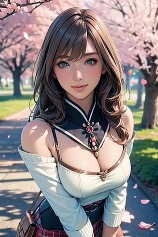 ((masterpiece, Best Quality, hight resolution, nfsw, Perfect Pixel, depth of fields, 4K,nfsw, nfsw))), 1girl in, Single, Solo, fantasy, Beautiful anime girl, Beautiful Art Style, Anime Character, ((Long hair, Bangs, Brown hair)), ((Green eyes:1.4, rounded eyes, Beautiful eyelashes, Realistic eyes)), ((Detailed face, Blushing:1.2)), ((Smooth texture:0.75, Realistic texture:0.65, Photorealistic:1.1, Anime CG style)), ((medium breasts, cleavage, busty)), Dynamic Angle, Perfect body, ((POV, Selfie Pose, Portrait)), ((White sweater, Long sleeve, Black skirt, plaid skirts, Fashionable, 1 handbag, 1 diamond necklace)), Smile, amusement park, ((The cherry tree, Cherry blossoms fall))
