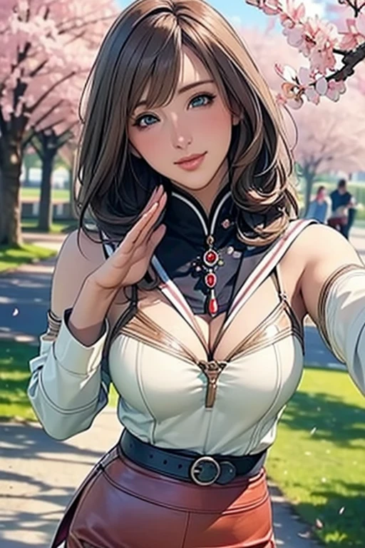 ((masterpiece, Best Quality, hight resolution, nfsw, Perfect Pixel, depth of fields, 4K,nfsw, nfsw))), 1girl in, Single, Solo, fantasy, Beautiful anime girl, Beautiful Art Style, Anime Character, ((Long hair, Bangs, Brown hair)), ((Green eyes:1.4, rounded eyes, Beautiful eyelashes, Realistic eyes)), ((Detailed face, Blushing:1.2)), ((Smooth texture:0.75, Realistic texture:0.65, Photorealistic:1.1, Anime CG style)), ((medium breasts, cleavage, busty)), Dynamic Angle, Perfect body, ((POV, Selfie Pose, Portrait)), ((White sweater, Long sleeve, Black skirt, plaid skirts, Fashionable, 1 handbag, 1 diamond necklace)), Smile, amusement park, ((The cherry tree, Cherry blossoms fall))