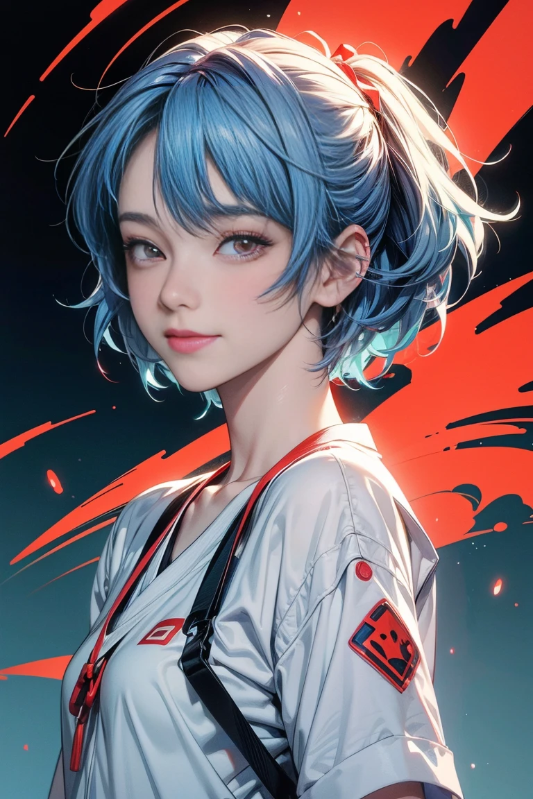 A masterpiece portrait of smiling Rei Ayanami (Evangelion), Evangelion (Hideaki), Caustics, High resolution illustrations, Red eyes, feminine, No students, Blue Hair, short hair, Japanese , loafers, Spank, Synthwave, paint Splashs, Shaded flat illustration, Digital Art, Trending on Art Station, Very detailed, The finer details, Complex, Splash, Overtake, Vaporware, Neon color