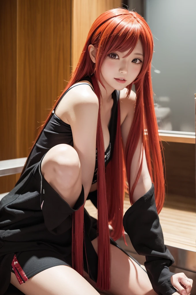 girl、Red Hair、ponytail、tits、Pussy、Leg spread、