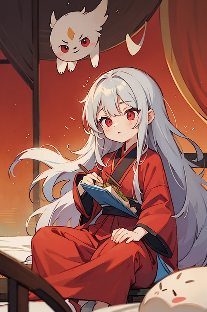 gray hair, red eyes, long hair,  , Balaur , Oriental style clothes