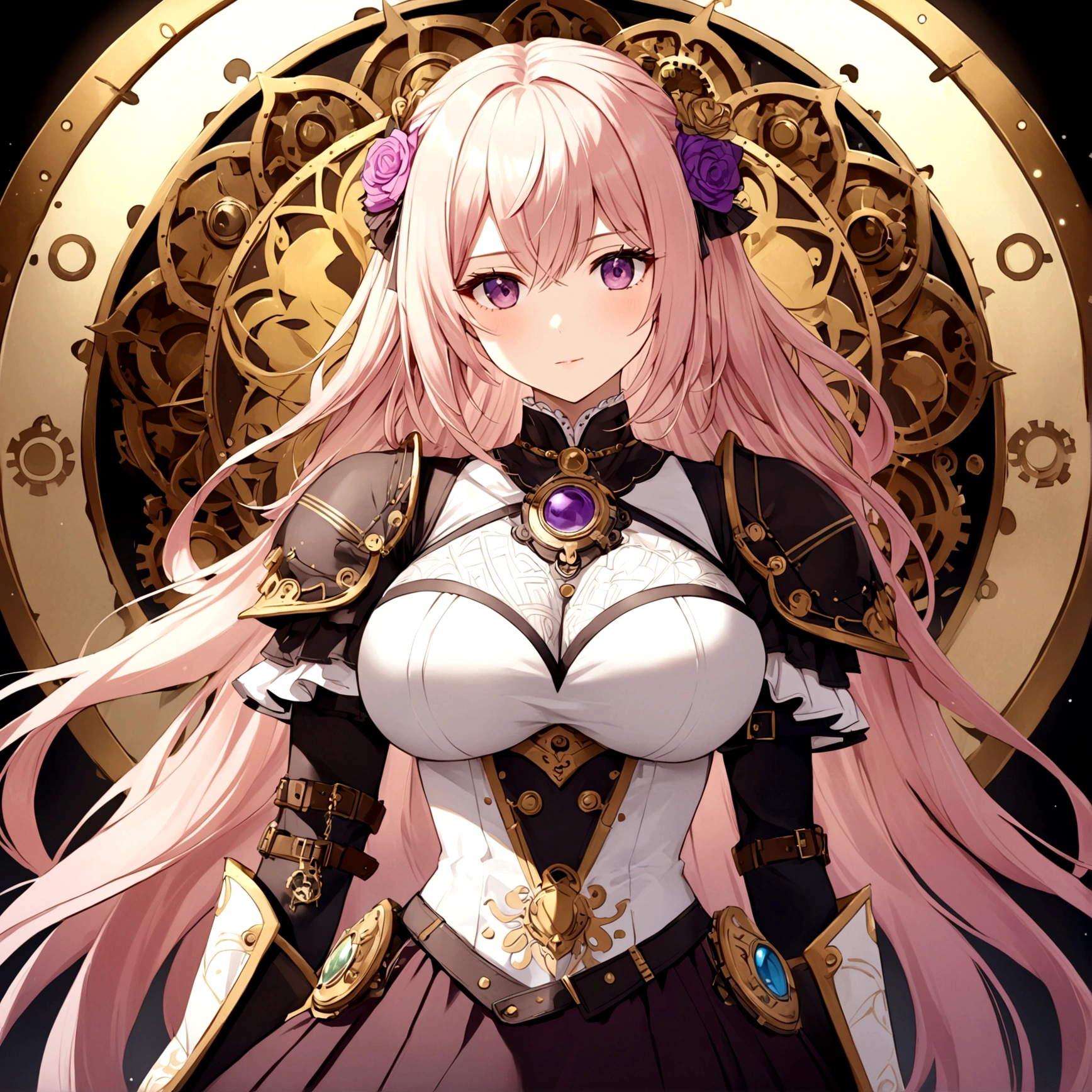 Heavy Armor，Tech Armor，（White Armor），（The exquisite and gorgeous golden pattern on the armor），Steampunk elements，Royal sister，Big sister big，Mature，Big breasts，Pink gradient white hair，（Complex and exquisite steampunk background），masterpiece，Strong light and shadow，Beautiful details，View from the top，（zentangle，mandala，tangle，winding），（vine: 1.2）Official Art，Unite