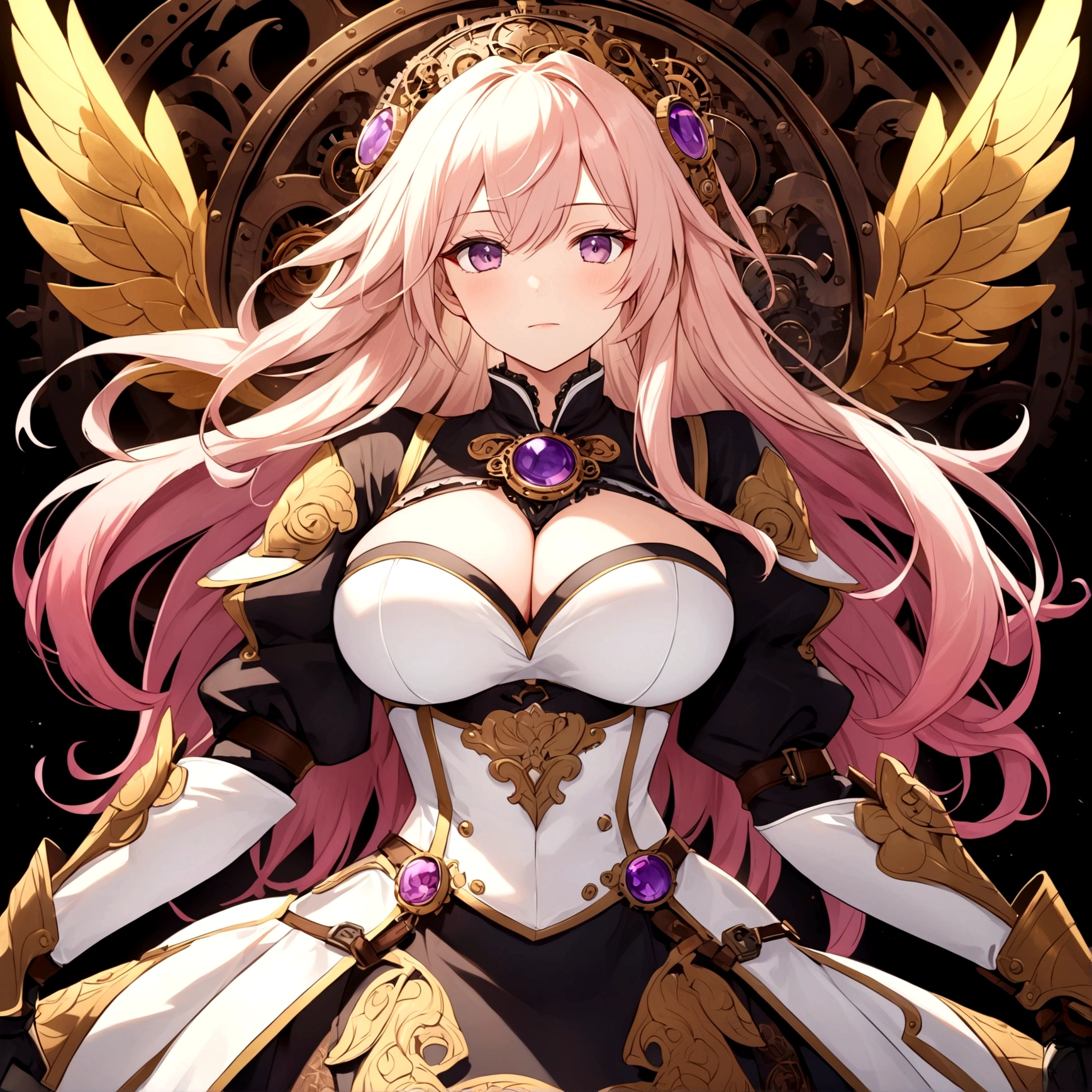 Heavy Armor,Tech Armor,(White Armor),(The exquisite and gorgeous golden pattern on the armor),Steampunk elements,Royal sister,Big sister big,Mature,Big breasts,Pink gradient white hair,(Complex and exquisite steampunk background),masterpiece,Strong light and shadow,Beautiful details,View from the top,(zentangle,mandala,tangle,winding),(vine: 1.2)Official Art,Unite