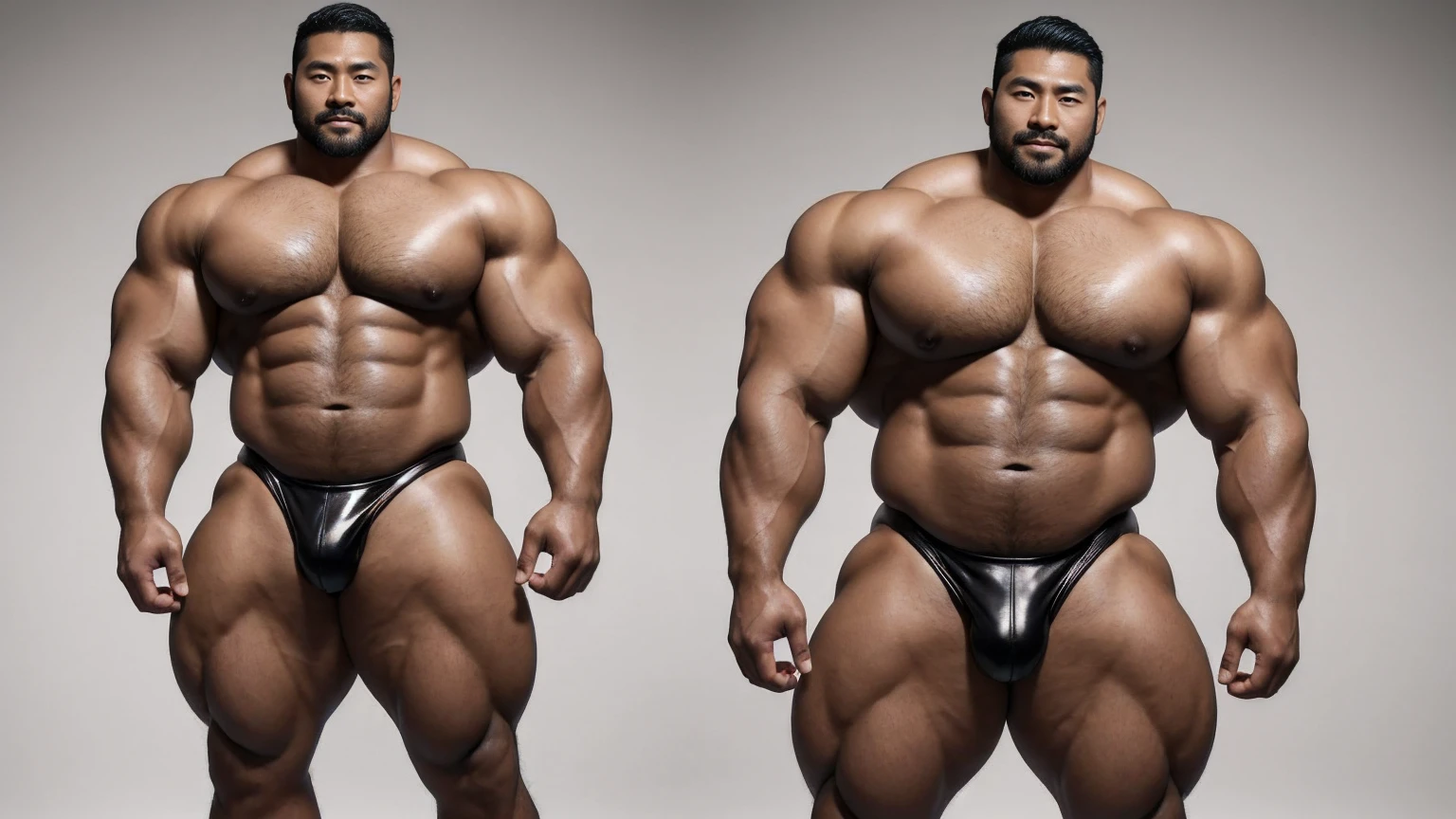 There is only one handsome Asian actor in the photo，35 years old，High target, Fitness，short hair, O-Shaped Beard，Perfect body, Dark skin color，Radiant Skin，Smooth skin，Muscle bulge, muscular, Very large pectoral muscles，Very sexy abdominal muscles，Very well-developed leg muscles，Huge concave and convex area，Brightens oily skin，Wearing black leather shiny thong，Handsome face， Correct and accurate male body proportions, Wear black socks，Standing on a gray background。
