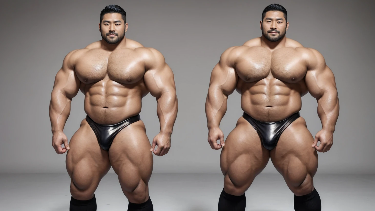 There is only one handsome Asian actor in the photo,35 years old,High target, Fitness,short hair, O-Shaped Beard,Perfect body, Dark skin color,Radiant Skin,Smooth skin,Muscle bulge, muscular, Very large pectoral muscles,Very sexy abdominal muscles,Very well-developed leg muscles,Huge concave and convex area,Brightens oily skin,Wearing black leather shiny thong,Handsome face, Correct and accurate male body proportions, Wear black socks,Standing on a gray background。