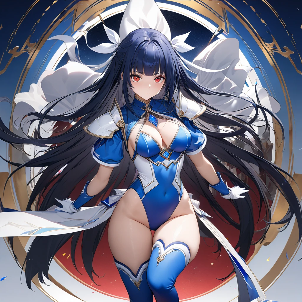 Highest quality、unity 8k wallpaper、32k、masterpiece、Very detailed、Ultra-high resolution、Very detailedな顔, RAW Photos, Professional, Ultra-fine painting,　Blue long straight hair、Red Eyes、Cool and sharp features, Hime cut, 20～A female magical warrior, about 24 years old.、Blue and white leotard、White pleated skirt with blue lines、Half puff sleeves with shoulder pads、A large white ribbon with a large sapphire on the chest、White and blue long gloves、White and blue thigh-high stiletto boots、whole body