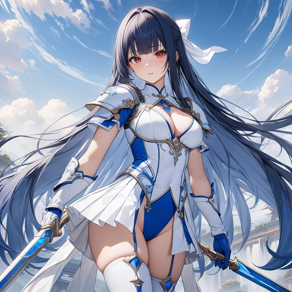 Highest quality、unity 8k wallpaper、32k、masterpiece、Very detailed、Ultra-high resolution、Very detailedな顔, RAW Photos, Professional, Ultra-fine painting,　Blue long straight hair、Red Eyes、(Tree Eyes), Cool and sharp features, Hime cut, 20～A female magical warrior, about 24 years old.、Blue and white leotard、Blue and white gold-embellished pencil skirt with side armor and long slits、Half puff sleeves with shoulder pads、A large white ribbon with a large sapphire on the chest、White and blue long gloves、White and blue thigh-high stiletto boots、whole body