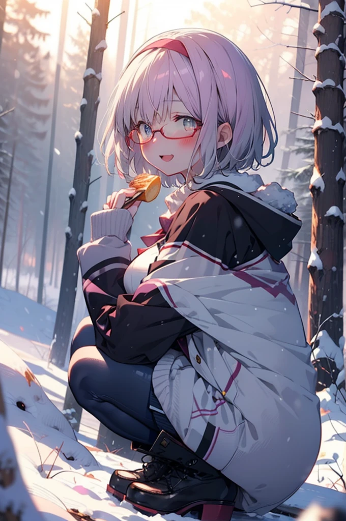 akaneshinjou, shinjou akane, Light purple hair, (Pink Eyes:1.2), short hair,Akagi Glasses,hair band,smile,blush,White Breath,Big Breasts,
Open your mouth,snow,Ground bonfire, Outdoor, boots, snowing, From the side, wood, suitcase, Cape, Blurred, having meal, forest, White handbag, nature,  Squat, Mouth closed, Cape, winter, Written boundary depth, Black shoes, red Cape break looking at viewer, Upper Body, whole body, break Outdoor, forest, nature, break (masterpiece:1.2), Highest quality, High resolution, unity 8k wallpaper, (shape:0.8), (Beautiful and beautiful eyes:1.6), Highly detailed face, Perfect lighting, Highly detailed CG, (Perfect hands, Perfect Anatomy),