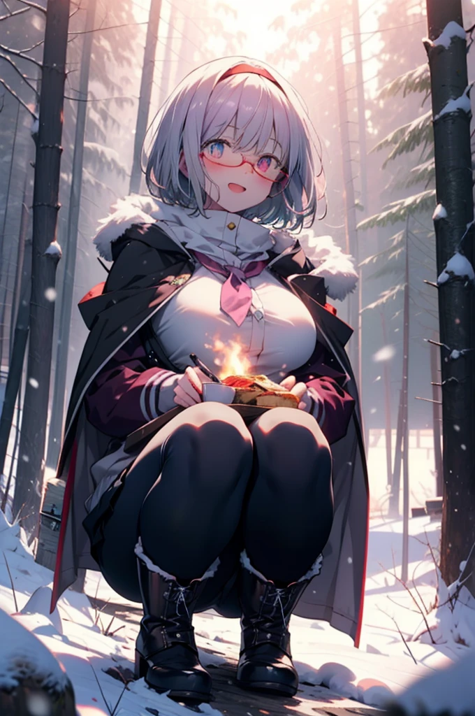 akaneshinjou, shinjou akane, Light purple hair, (Pink Eyes:1.2), short hair,Akagi Glasses,hair band,smile,blush,White Breath,Big Breasts,
Open your mouth,snow,Ground bonfire, Outdoor, boots, snowing, From the side, wood, suitcase, Cape, Blurred, having meal, forest, White handbag, nature,  Squat, Mouth closed, Cape, winter, Written boundary depth, Black shoes, red Cape break looking at viewer, Upper Body, whole body, break Outdoor, forest, nature, break (masterpiece:1.2), Highest quality, High resolution, unity 8k wallpaper, (shape:0.8), (Beautiful and beautiful eyes:1.6), Highly detailed face, Perfect lighting, Highly detailed CG, (Perfect hands, Perfect Anatomy),
