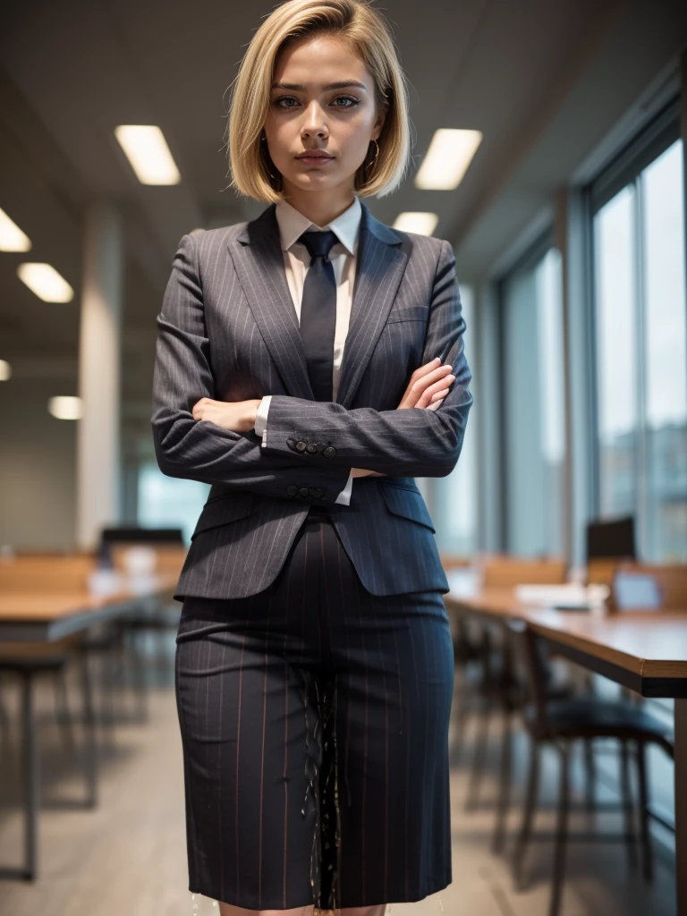 (masutepiece,High quality,16k:1.1),(depth of fields:1.3) ,((front body:1.35)), Ukrainian ,Woman, blonde,makeup,((business suit, black vertical striped pencil skirt )), voluptuous, thicc,(arms crossed:1.5) (wetting herself:1.5), (desperation:1.75),standing ,necktie peeing self, wetting her clothes