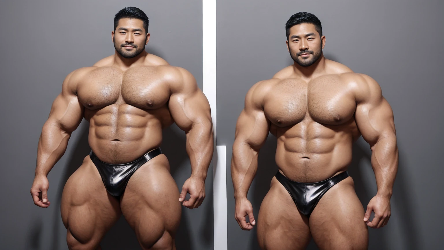 There is only one handsome Asian actor in the photo，35 years old，High target, Fitness，short hair, O-Shaped Beard，Perfect body, Dark skin color，Radiant Skin，Smooth skin，Muscle bulge, muscular, Very large pectoral muscles，Very sexy abdominal muscles，Very well-developed leg muscles，Huge concave and convex area，Brightens oily skin，Wearing black leather shiny thong，Handsome face， Correct and accurate male body proportions, Wear black socks，Standing on a gray background。
