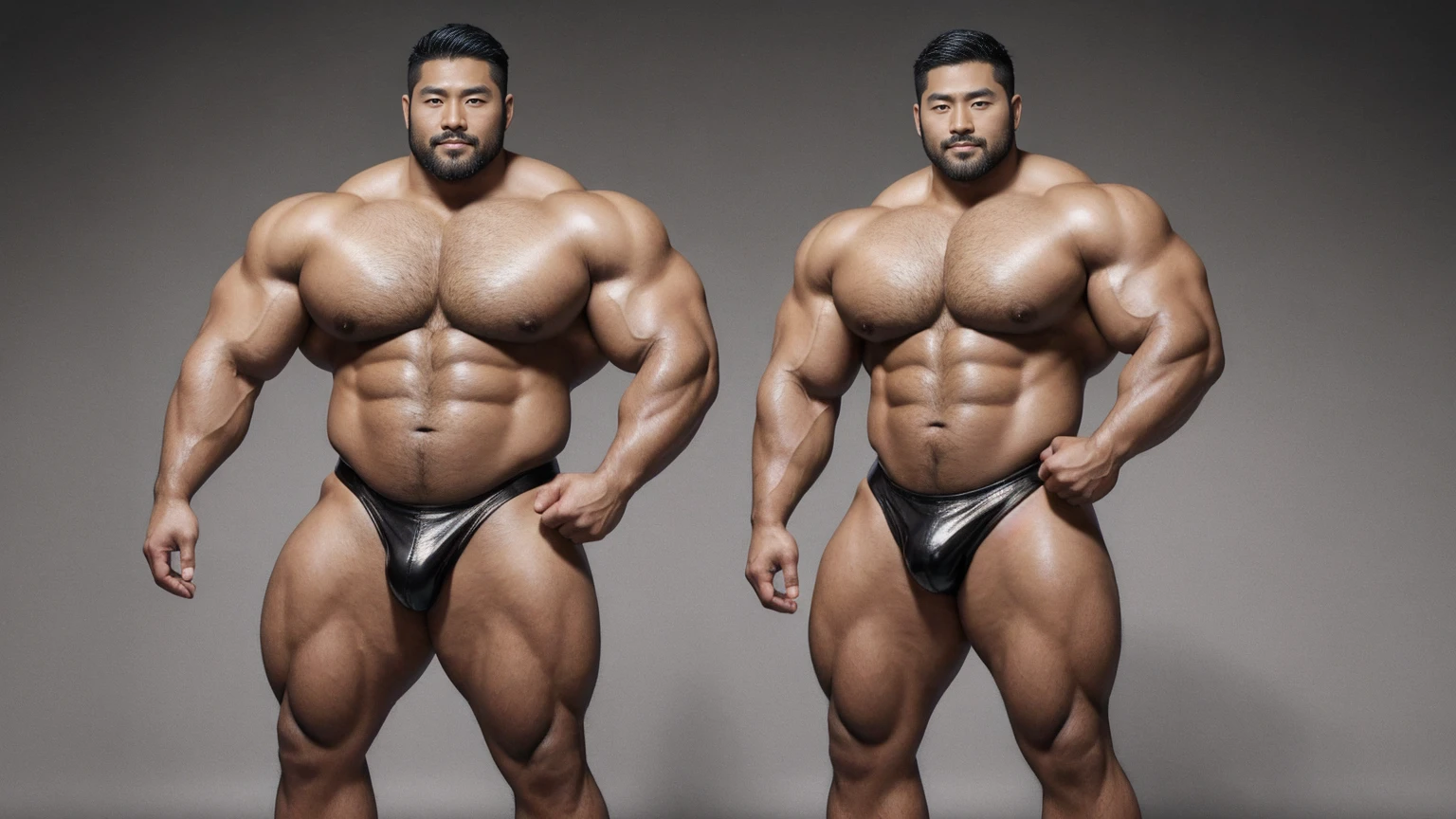 There is only one handsome Asian actor in the photo，35 years old，High target, Fitness，short hair, O-Shaped Beard，Perfect body, Dark skin color，Radiant Skin，Smooth skin，Muscle bulge, muscular, Very large pectoral muscles，Very sexy abdominal muscles，Very well-developed leg muscles，Huge concave and convex area，Brightens oily skin，Wearing black leather shiny thong，Handsome face， Correct and accurate male body proportions, Wear black socks，Standing on a gray background。
