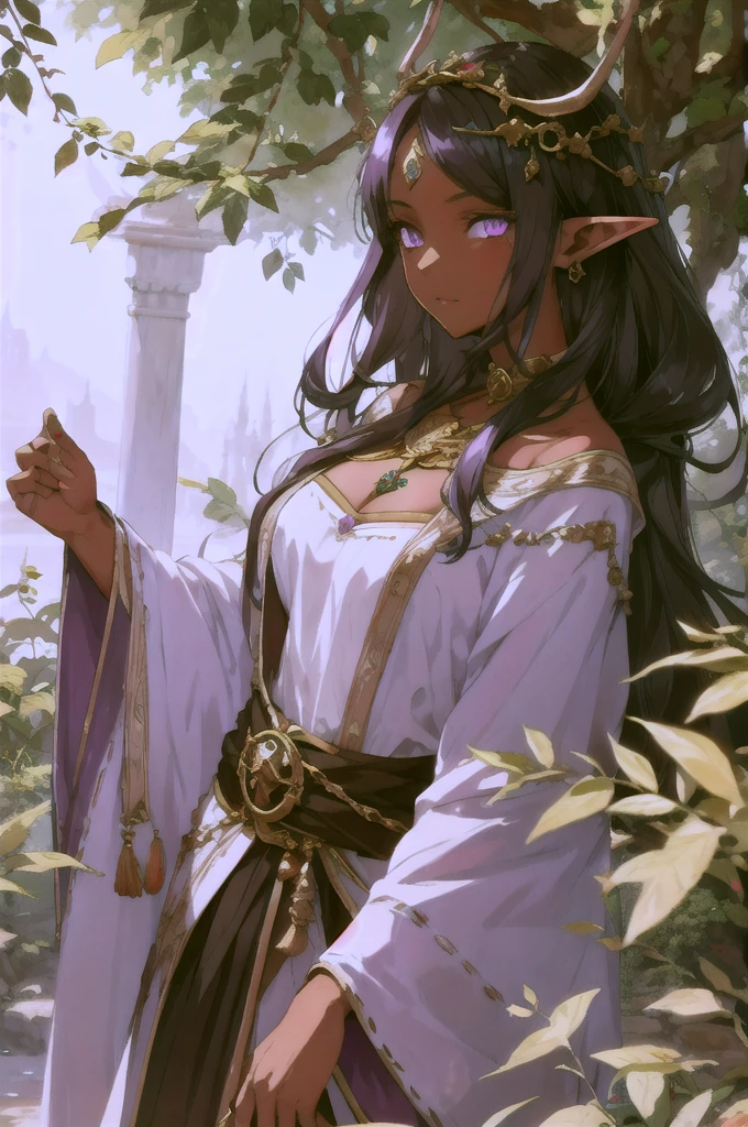 young woman, elf, druid, black hair,  purple eyes, dark skin,  beautiful