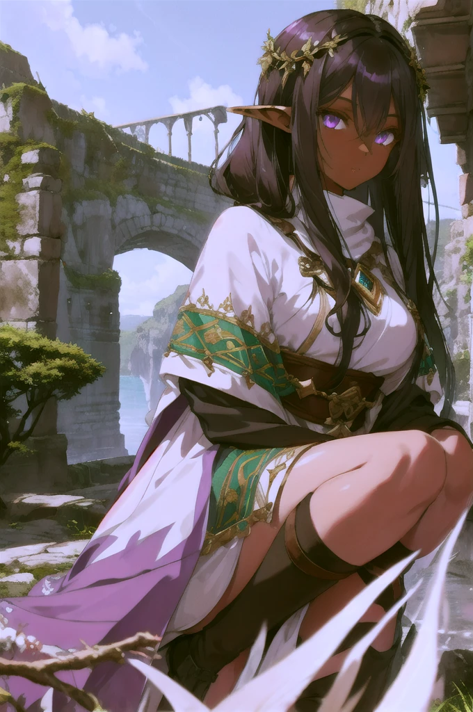 young woman, elf, druid, black hair, purple eyes, dark skin, beautiful