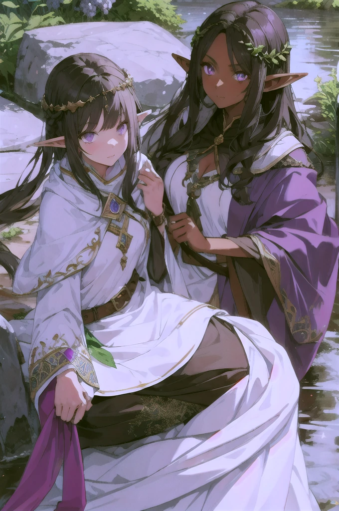 young woman, elf, druid, black hair, purple eyes, dark skin, beautiful