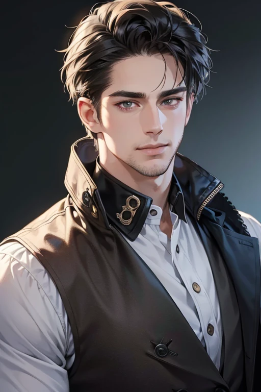 (best quality,4k,8k,highres,masterpiece:1.2),ultra-detailed,(realistic,photorealistic,photo-realistic:1.37),30 year old man,3 day beard,handsome anime,portraits,strong,masculine,dark hair,sharp jawline,mesmerizing eyes,perfectly styled hair,cool anime outfit,confident expression,vibrant colors,dynamic lighting, CEO and expression smile in love.
