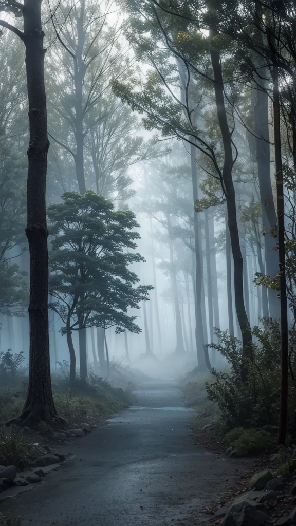 Phoenix, in the misty Hogwarts forest at night,Photorealistic, precise and high quality,Covered in white mist