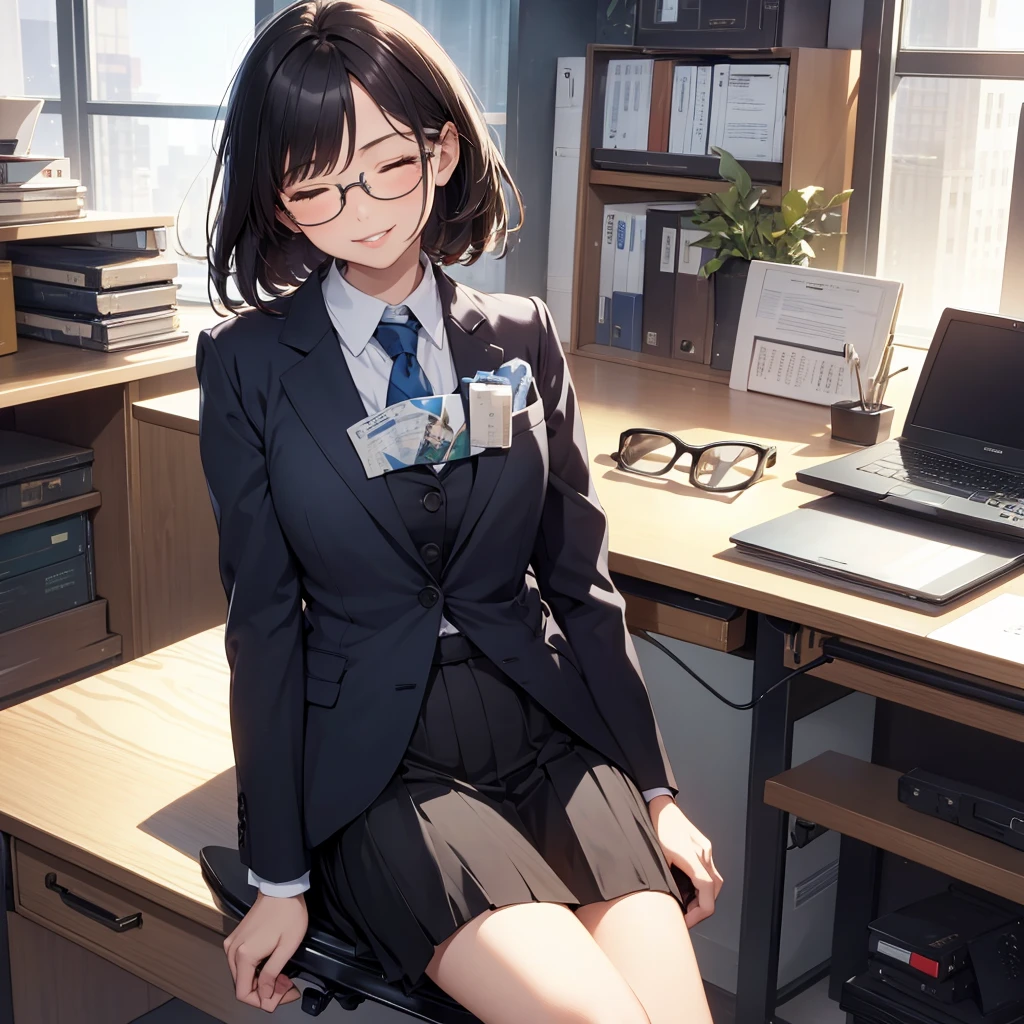 masterpiece,highres,high quality,extremely detailed,solo,
1girl,
one eye closed,head tilt,smile,parted lips,
eyewear,office_lady,skirt_suit,sunshine,tight skirt,desk,chair,