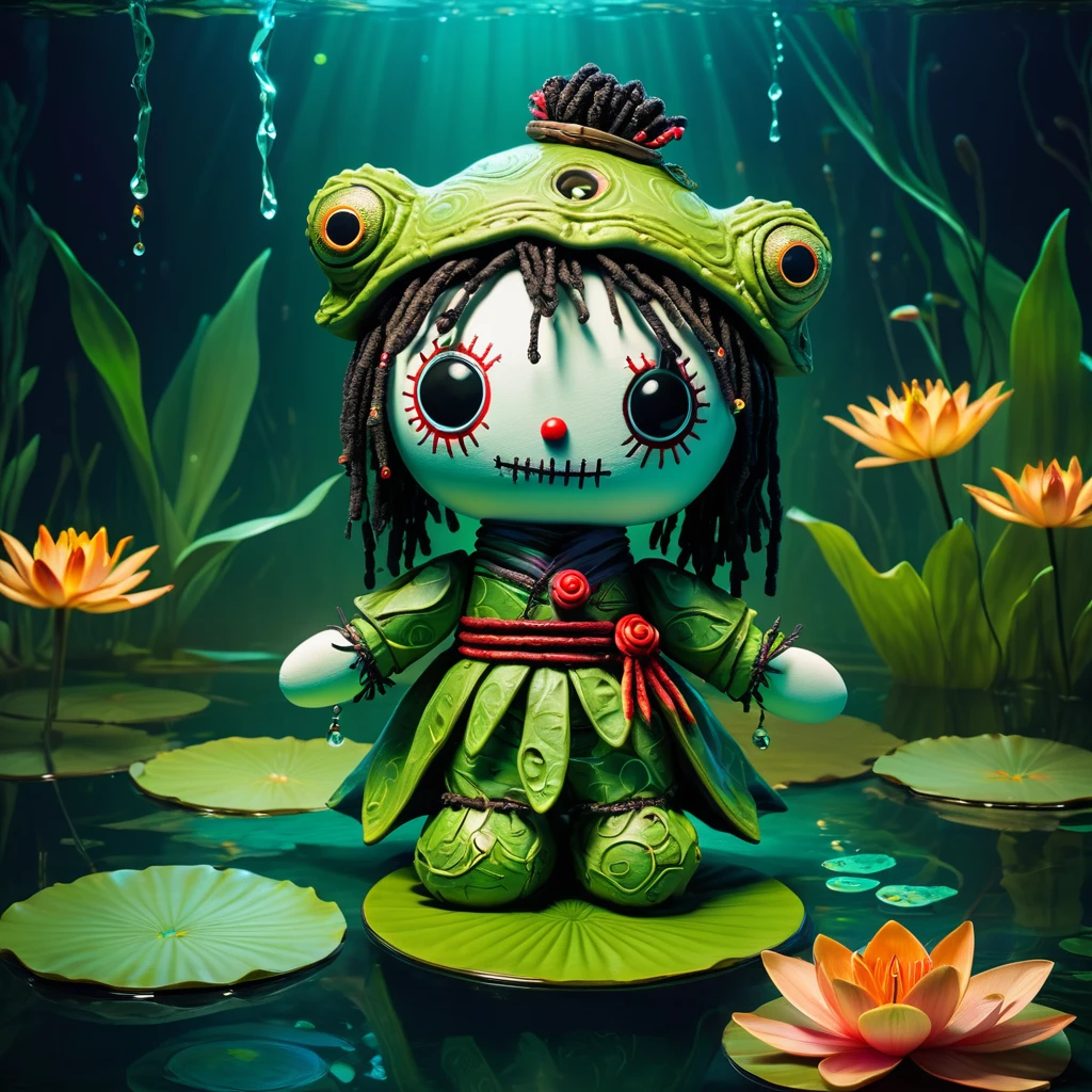 (knitted toy voodoo doll:1.9), (Voodoo Frog:1.0), (Water Master:1.0), (Clothing: watery cloak with ripple patterns:1.0), (Accessories: enchanted water orb emitting soft glow, levitating water droplets:1.1), (background: serene pond with floating lily pads, glowing plants, and spectral fish:1.2), best quality, masterpiece, detailed soft oil painting, detailed background, dramatic cinematic lighting, soft edge lighting, professional, dramatic lighting, hard edge lighting, ultra quality, 4k,masterpiece, best quality, 8k, ultra highres, highres, extremely detailed