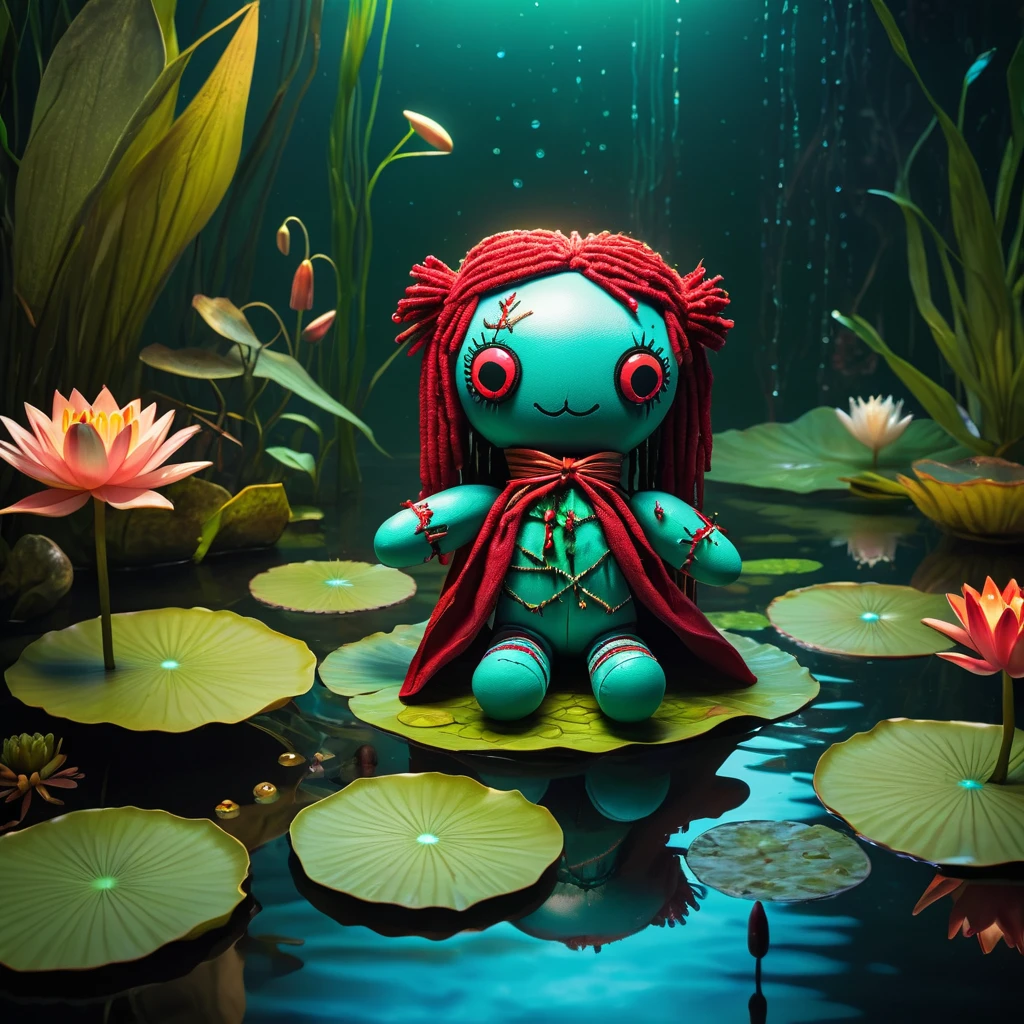 (knitted toy voodoo doll:1.5), (Voodoo Doll at a Forest Lake:1.3), (Clothing: tranquil attire with water patterns:1.0), (Accessories: enchanted fishing rod emitting blue light, floating water lilies:1.1), (background: serene forest lake with calm waters, reflecting trees, and gentle sunlight:1.2), best quality, masterpiece, detailed soft oil painting, detailed background, dramatic cinematic lighting, soft edge lighting, professional, dramatic lighting, hard edge lighting,
ultra quality, 4k,masterpiece, best quality, 8k, ultra highres, highres, extremely detailed
