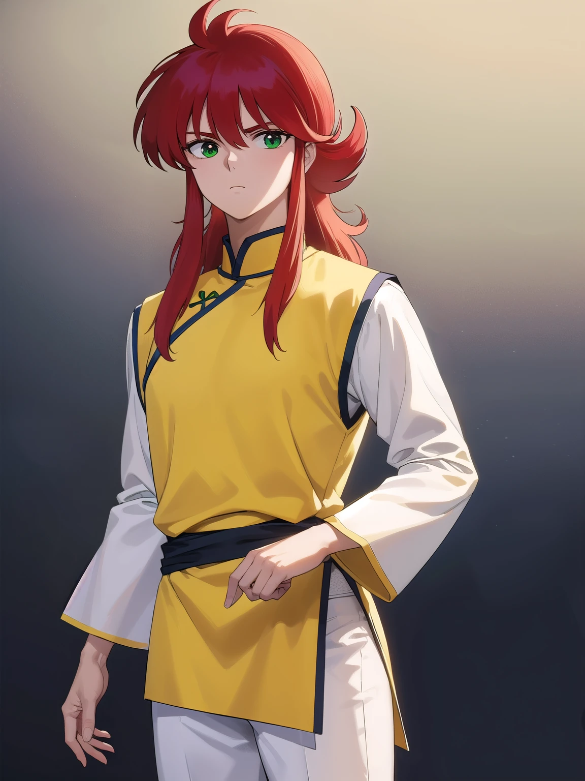 kurama, kurama, long hair, red hair, bangs, (green eyes:1.5), (retro artstyle:1.5), 1990s \(style\),
BREAK long sleeves, pants, chinese clothes, white pants, (yellow shirt:1.5), (white sleeves:1.5), (pelvic curtain:1.2), sash, sleeveless shirt, (((skull back ground)))
BREAK looking at viewer, cowboy shot,
BREAK (masterpiece:1.2), best quality, high resolution, unity 8k wallpaper, (illustration:0.8), (beautiful detailed eyes:1.6), extremely detailed face, perfect lighting, extremely detailed CG, (perfect hands, perfect anatomy),