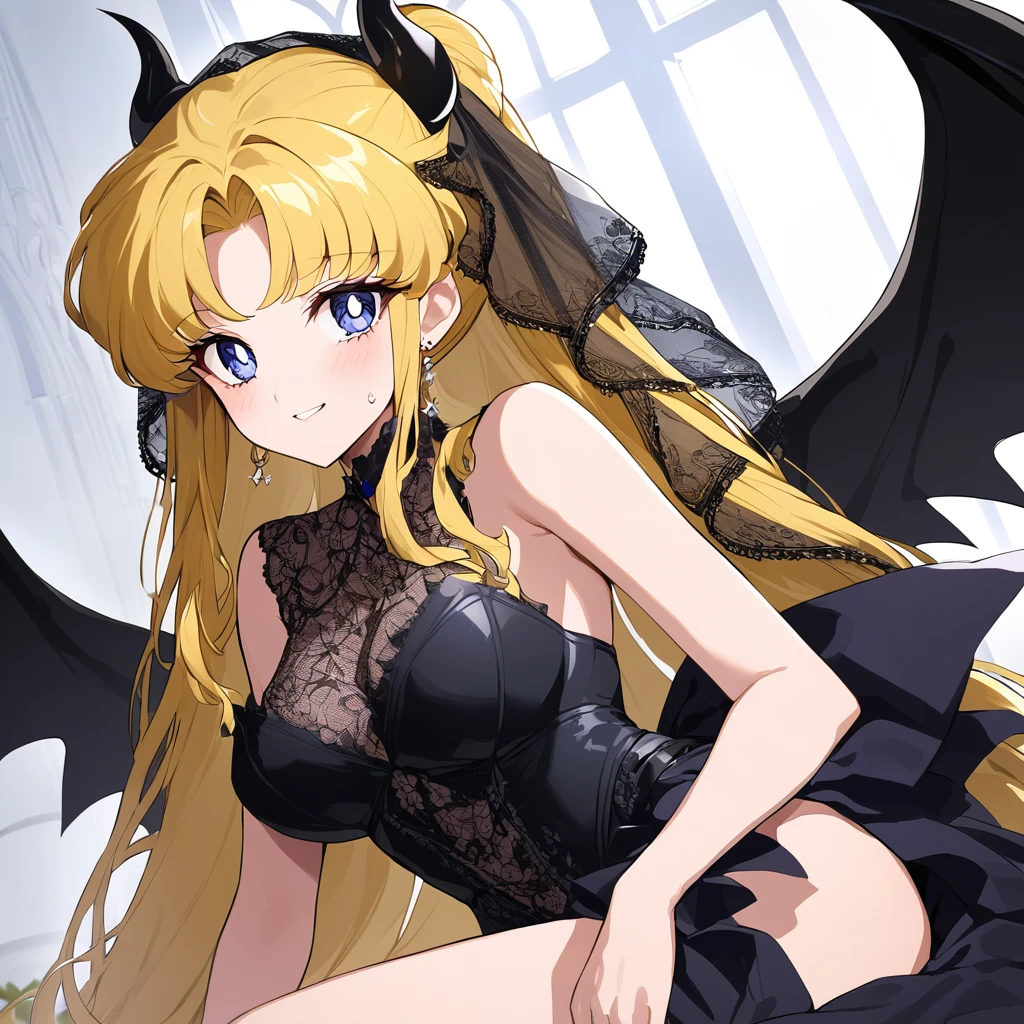 ((Highest quality)), ((masterpiece)), (detailed), (Perfect Face)、She is Princess Serenityで女は漆黒の肌のセクシーな女悪魔のプリンセスセレニティで威厳のある逞しい悪魔王に抱き付いてキスをしている、The woman is a jet-black female demon with magnificent devil horns, jet-black devil wings, and a jet-black tail. Her skin is jet-black, and she is a devil bride wearing a luxurious black gothic Victorian wedding dress and a black wedding veil. She is the jet-black demon Princess Serenity, and has blonde hair with a happy expression as she looks at the camera.2The expression of a girl in love with her long hair tied up、She is Princess Serenity