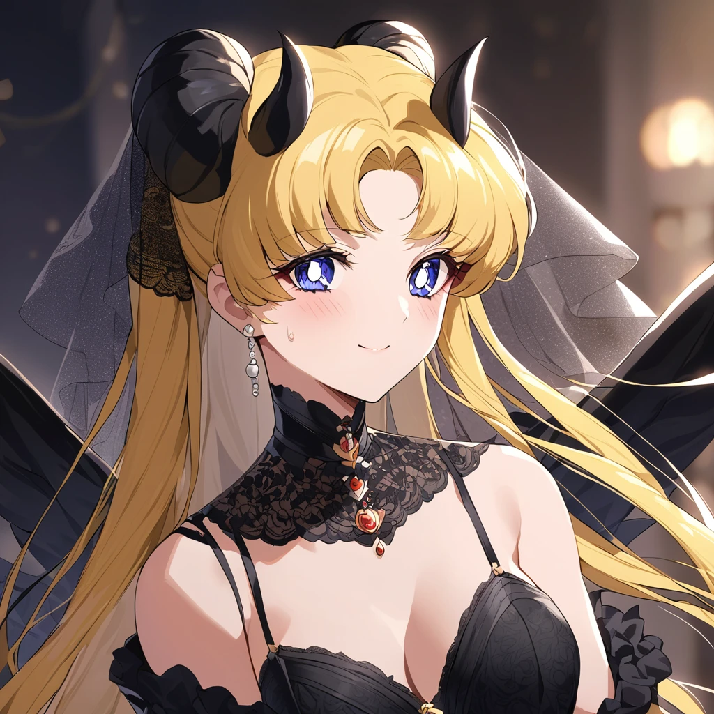 ((Highest quality)), ((masterpiece)), (detailed), (Perfect Face)、She is Princess Serenityで女は漆黒の肌のセクシーな女悪魔のプリンセスセレニティで威厳のある逞しい悪魔王に抱き付いてキスをしている、The woman is a jet-black female demon with magnificent devil horns, jet-black devil wings, and a jet-black tail. Her skin is jet-black, and she is a devil bride wearing a luxurious black gothic Victorian wedding dress and a black wedding veil. She is the jet-black demon Princess Serenity, and has blonde hair with a happy expression as she looks at the camera.2The expression of a girl in love with her long hair tied up、She is Princess Serenity