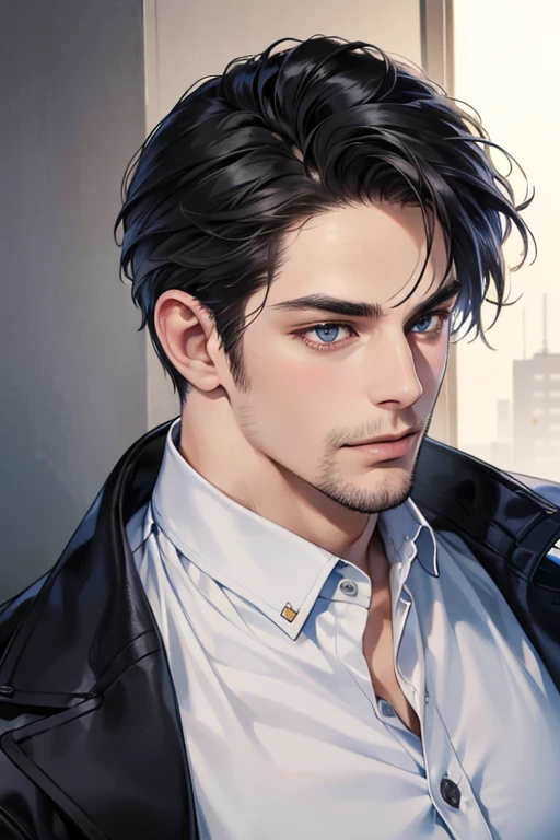 (best quality,4k,8k,highres,masterpiece:1.2),ultra-detailed,(realistic,photorealistic,photo-realistic:1.37),30 year old man,3 day beard,handsome anime,portraits,strong,masculine,dark hair,sharp jawline,mesmerizing eyes,perfectly styled hair,cool anime outfit,confident expression,vibrant colors,dynamic lighting, CEO and expression smile in love.