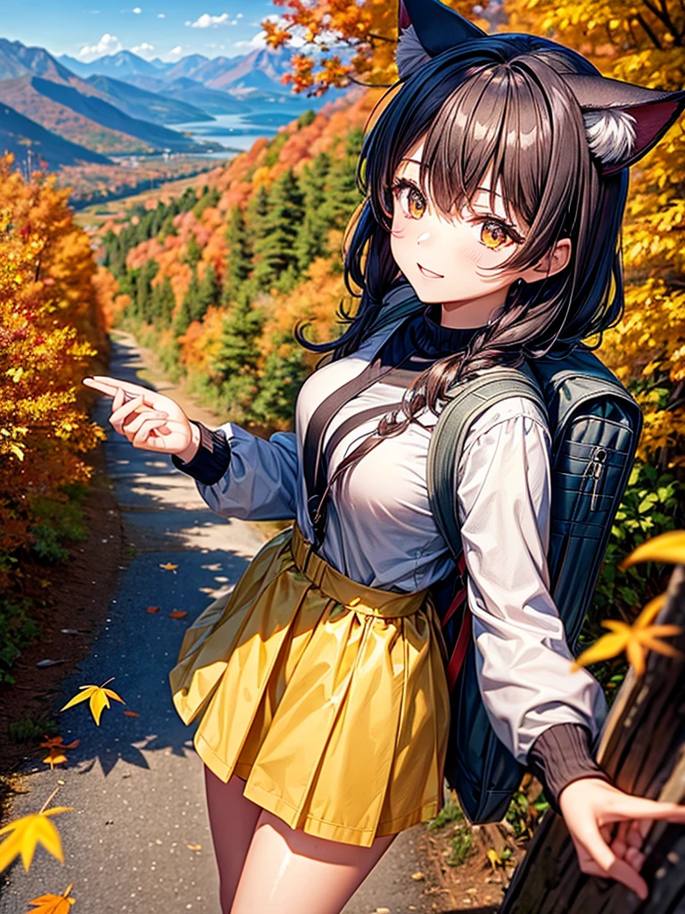 Highest quality,Highest Resolution,A beautiful girl with cat ears walking along a mountain path in autumn leaves,hiking,Backpack,up,looking at the camera,