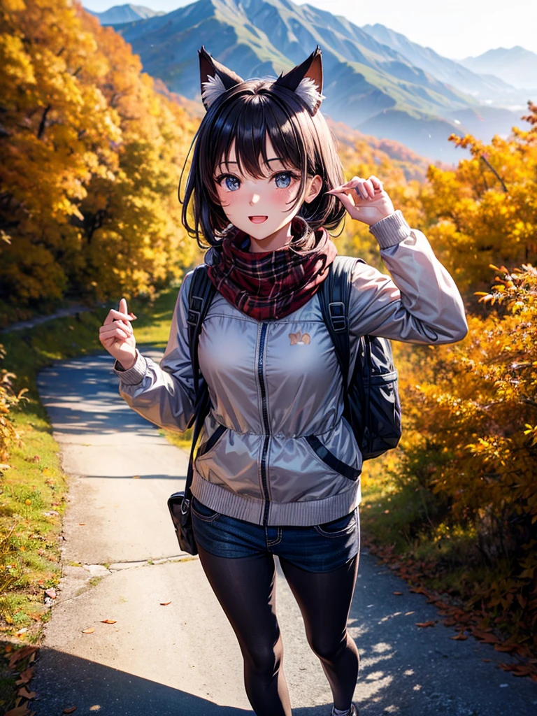 Highest quality,Highest Resolution,A beautiful girl with cat ears walking along a mountain path in autumn leaves,hiking,Backpack,up,looking at the camera,