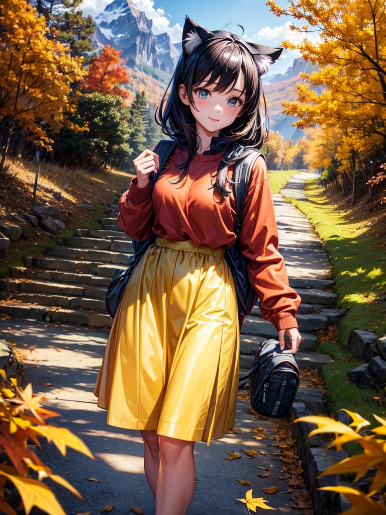 Highest quality,Highest Resolution,A beautiful girl with cat ears walking along a mountain path in autumn leaves,hiking,Backpack,up,looking at the camera,