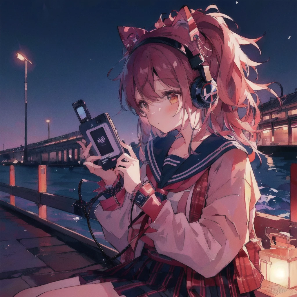 Anime girl listening to music on an old portable audio device by the water, A puzzled look,headphone,Anime atmosphere, Anime Style 4k, 80年代のAnime atmosphere, Sandy Beach,Lo-fi Girl, Nightcore, 4K Manga Wallpapers, A mix of anime style and Fujifilm, Anime Aesthetics, anime wallpaper 4k, anime wallpaper 4k, Lo-fi art style, 4k anime wallpaper, Ultra HD Anime Wallpaper