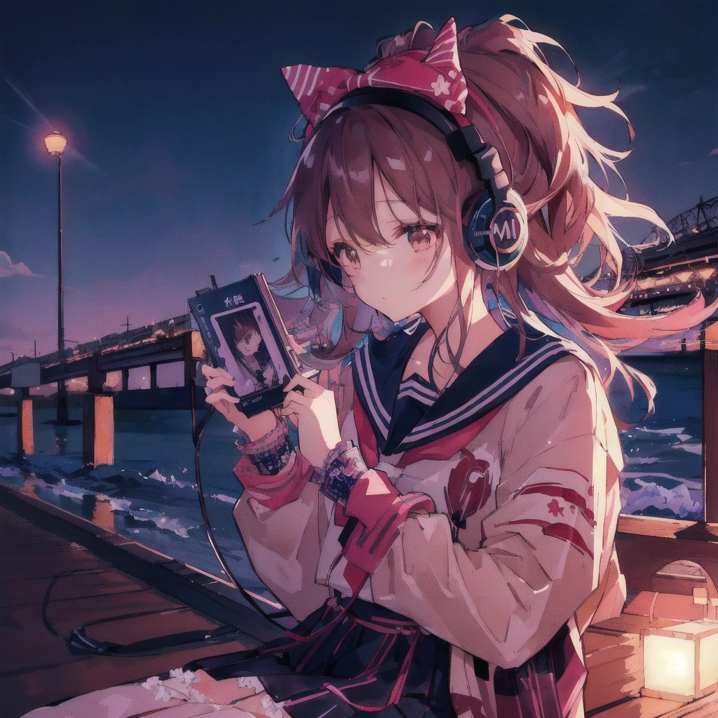 Anime girl listening to music on an old portable audio device by the water, A puzzled look,headphone,Anime atmosphere, Anime Style 4k, 80年代のAnime atmosphere, Sandy Beach,Lo-fi Girl, Nightcore, 4K Manga Wallpapers, A mix of anime style and Fujifilm, Anime Aesthetics, anime wallpaper 4k, anime wallpaper 4k, Lo-fi art style, 4k anime wallpaper, Ultra HD Anime Wallpaper