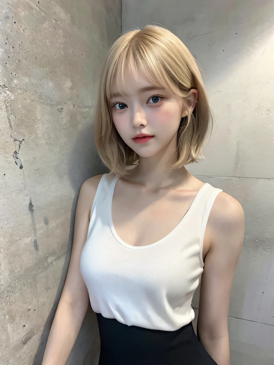 One person、、Full body photo,slender、woman、White drool coming out of the mouth、smile、、Blonde、Short Bob、 Fair skin, messy hair, super cute、Soft and Face、8K resolution、Surreal、Ultra high definition、 A-cup small breasts（（Highest resolution、8K、masterpiece：1.3））、Ultra-fine face、Ultra Fine Lips、Beautiful Eyes、double eyelid,Light blue wall、Sleeveless black polo shirt、White Skirt、Thighs、thin,Thighsが見える、Shapely small breasts、sexy、So cute!