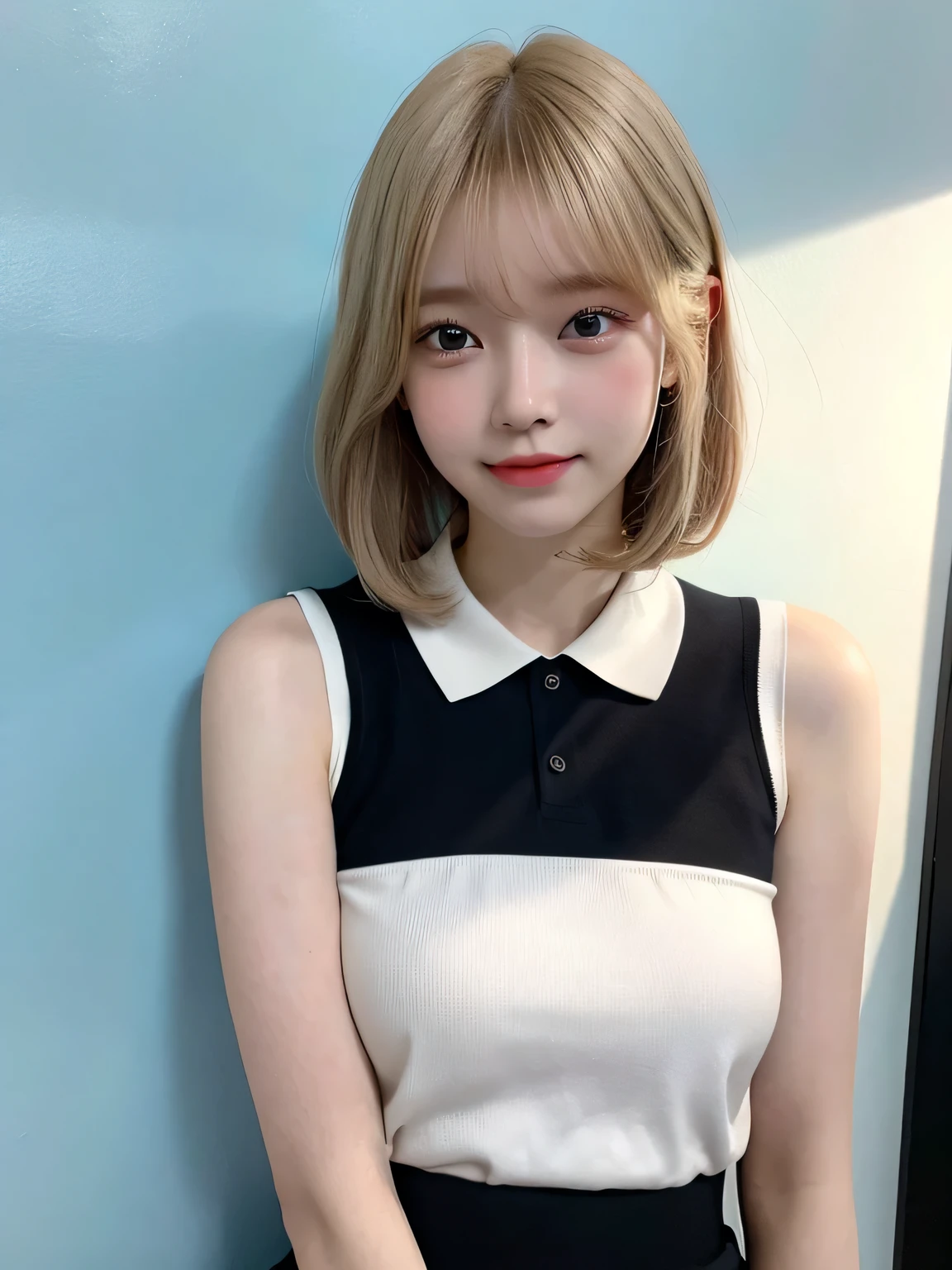 One person、17 years old、Full body photo,slender、woman、White drool coming out of the mouth、smile、、Blonde、Short Bob、 Fair skin, messy hair, super cute、Soft and Face、8K resolution、Surreal、Ultra high definition、 A-cup small breasts（（Highest resolution、8K、masterpiece：1.3））、Ultra-fine face、Ultra Fine Lips、Beautiful Eyes、double eyelid,Light blue wall、Sleeveless black polo shirt、White Skirt、Thighs、thin,Thighsが見える、Shapely small breasts、sexy、So cute!