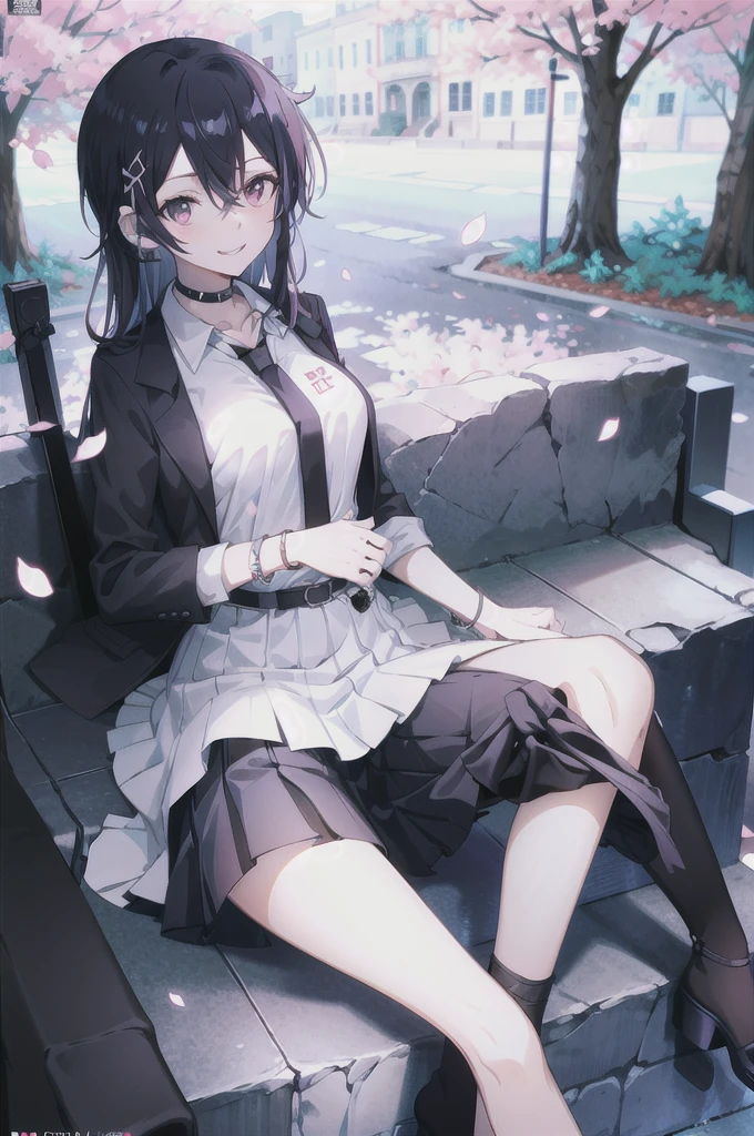 masterpiece, best quality,  full body,
1girl, bangs, black choker, black necktie, black hair, blue skirt, blush, bracelet, breasts, choker, clothes around waist, collarbone, collared shirt, cowboy shot, dress shirt, ear piercing, eyebrows visible through hair, gradient hair, grin, gyaru, jewelry, kogal, long hair, looking at viewer, loose necktie, necktie, piercing, plaid, plaid skirt, pleated skirt, red eyes, ring, school uniform, shirt, skirt, smile, 独奏, white shirt,
street, sky, cherry blossoms, petals,illustration, (magazine:1.3), (cover-style:1.3), fashionable, woman, vibrant, outfit, posing, front, colorful, dynamic, background,  elements, confident, expression, holding, statement, accessory, majestic, coiled, around, Touch, scene, Text, cover, bold, attention-grabbing, title, stylish, Font, catchy, headline, larger, striking, modern, trendy, focus, fashion,Female Kirito
