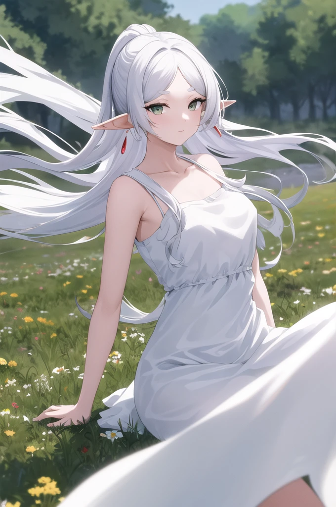 masterpiece, best quality, highres, aafrie, long hair, white hair, parted bangs, pointy ears, earrings, thick eyebrows, collarbone, bare shoulders, white dress, sleeveless dress, wind, field, голая 